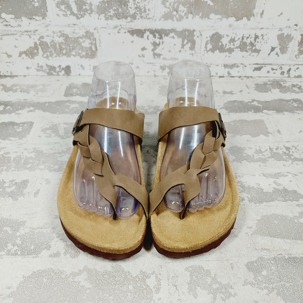 NEW Cushionaire Tan Brown Strappy Buckle Cork Footbed Summer Slide Sandals K28 - Picture 6 of 10